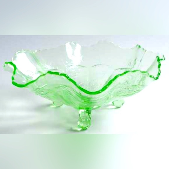 Fenton Other - Stag & Holly Green FENTON 10" Round 3-Toed Crimped Uranium Glass Bowl